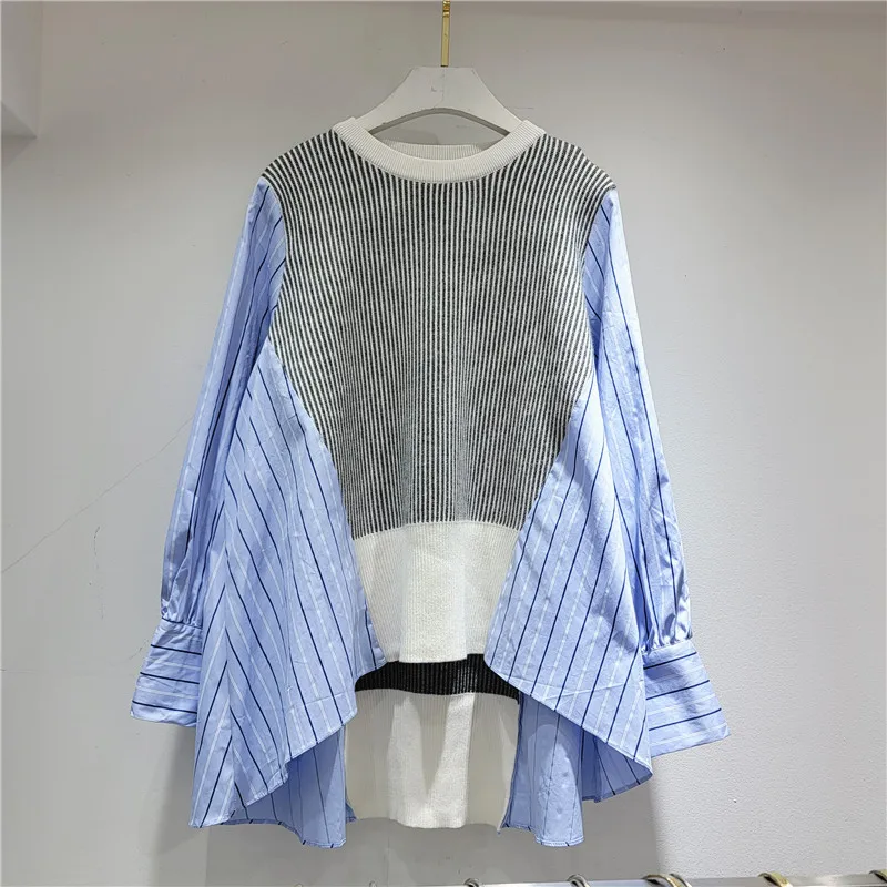 

SuperAen Fake Two-piece Shirt Women Spring 2024 European Fashion Design Niche Knit Stitching Long Striped Shirt Top