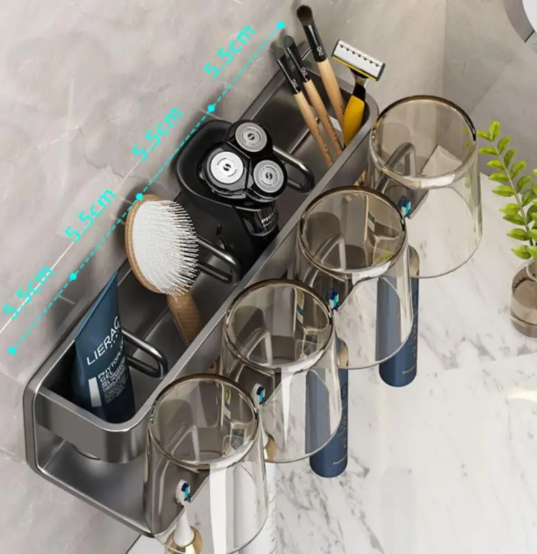 Description Picture 5 of item2 Cups Toothbrush Holder Wall Mounted With Toothpaste Dispenser Bathroom Accessories Set, Black Tooth Brushing Holder Bathroom