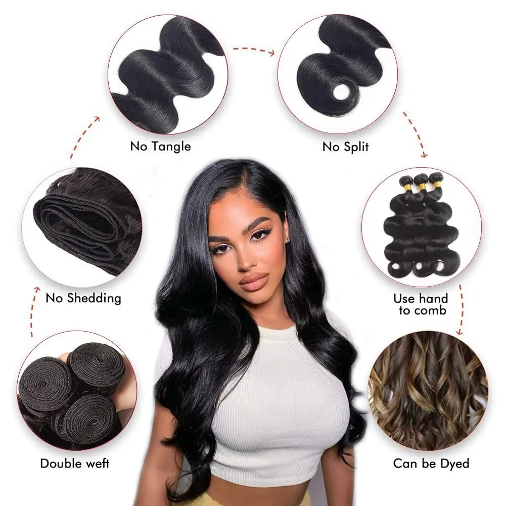 Body Wave Bundles with Closure Human Hair 3 Bundles with 13x4 HD Lace Closure 100% Unprocessed Brazilian Virgin Hair Natural #1B