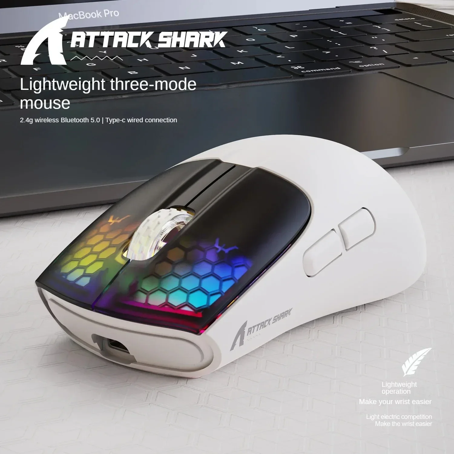 2.4G Wireless Bluetooth 3 Modes RGB PAW3212 Sensor 4000DPI Optical Mouse For PC Laptop Office Gaming Attack Shark X5