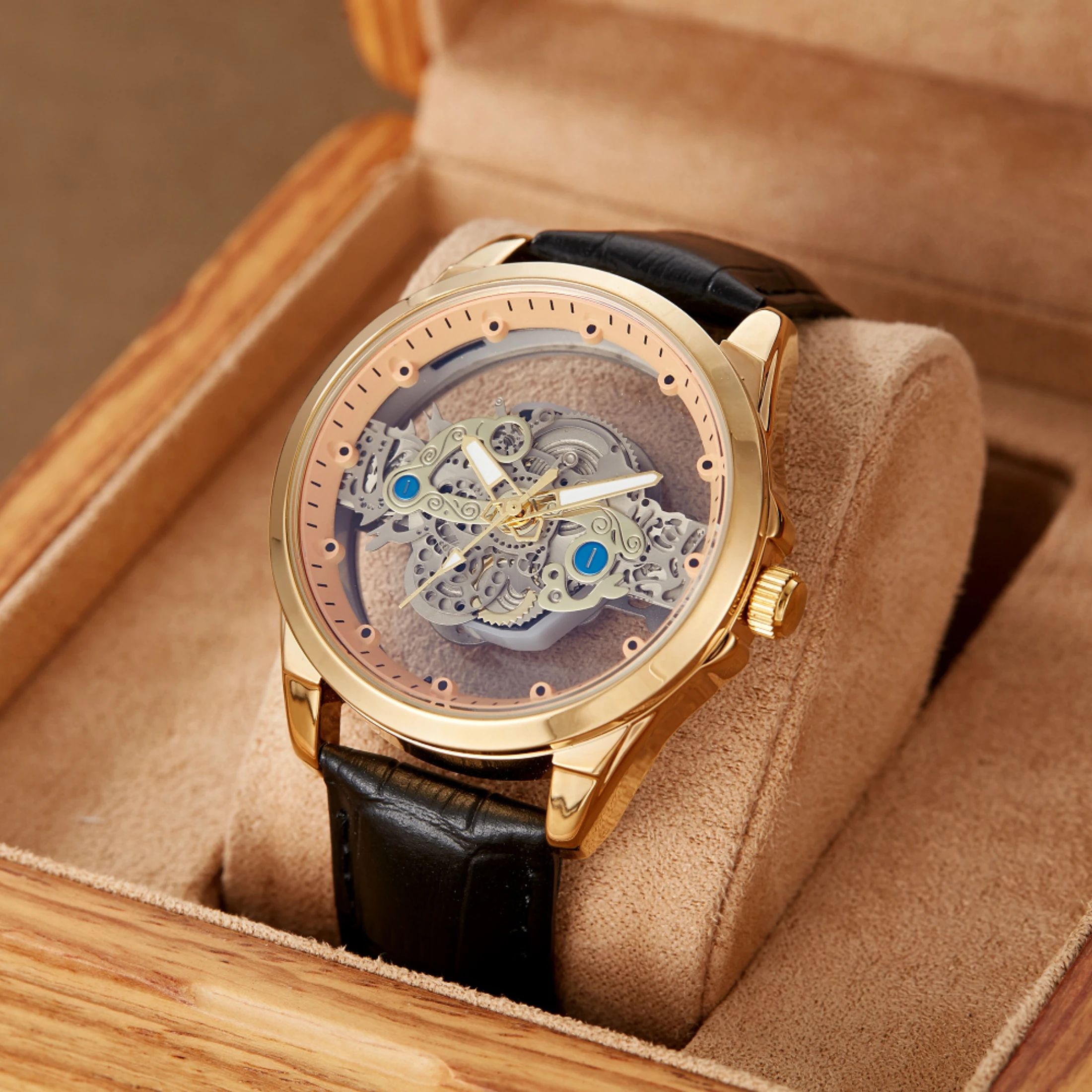 New Men's Watches Top Brand Luxury Original Waterproof Quartz Watch for Man Gold Skeleton Style 24 Hour Day Night часы мужские
