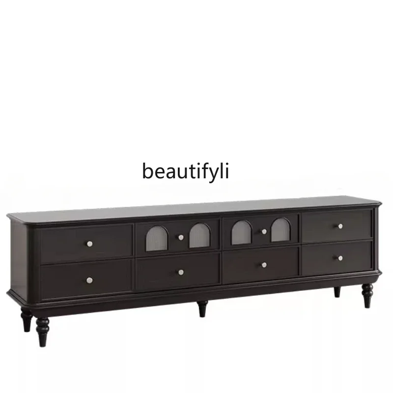 

Light French Retro Arch Black Solid Wood Glass TV Cabinet and Tea Table Light Luxury Small Apartment Living Room Combination