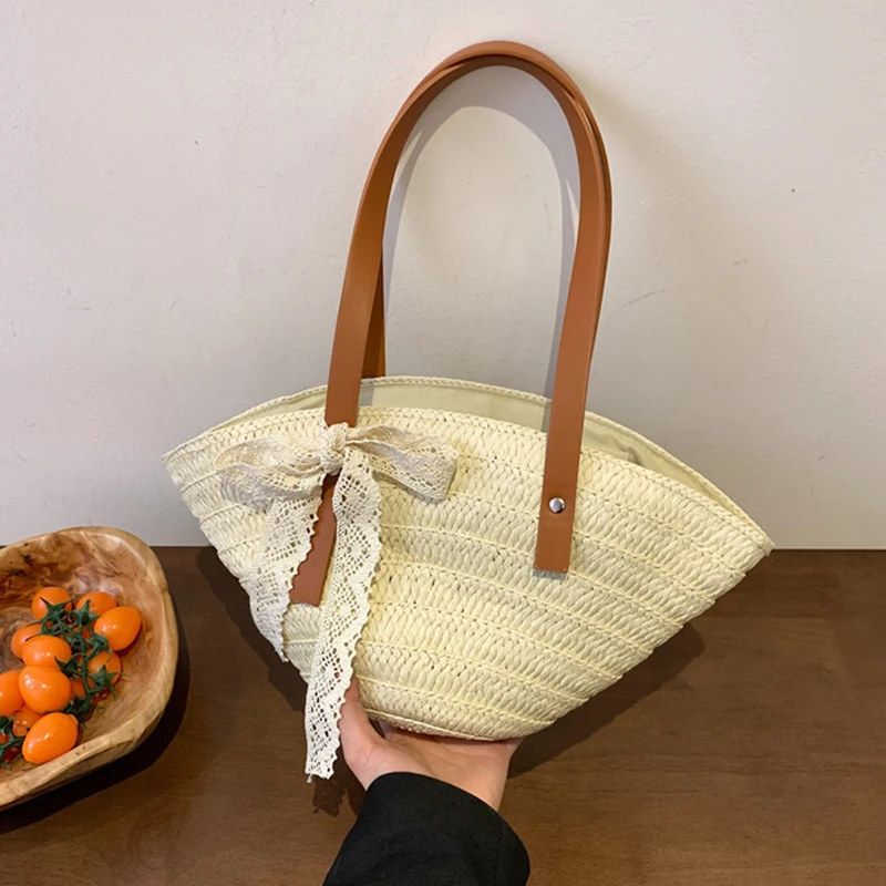 Weave Tote Bag Large Capacity Summer Beach Straw Ribbon Handbag Purse Female Bohemian Shoulder Bag for Women Ladies Travel Bag