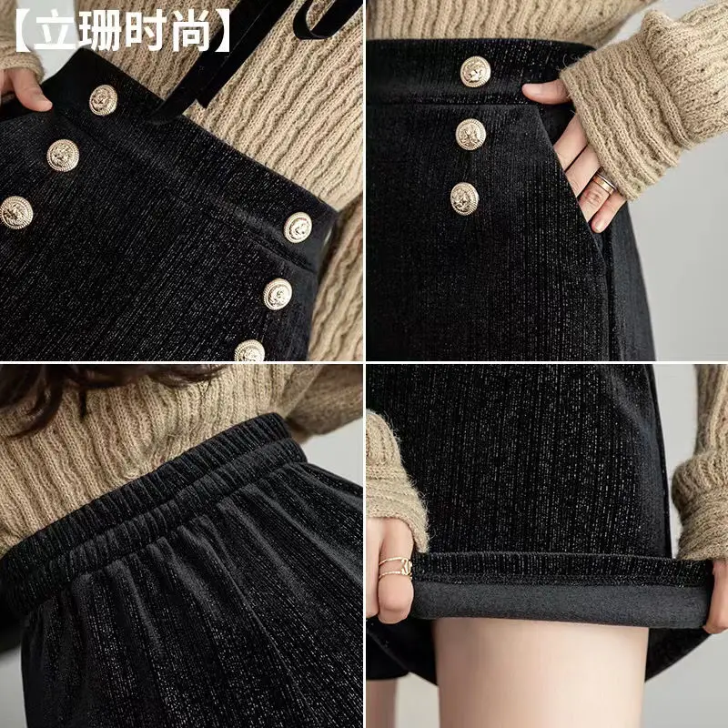Autumn Winter New Fashion High Waist Black Shorts Solid Color All-match A-line Wide Leg Pants Casual Elegant Women Clothing
