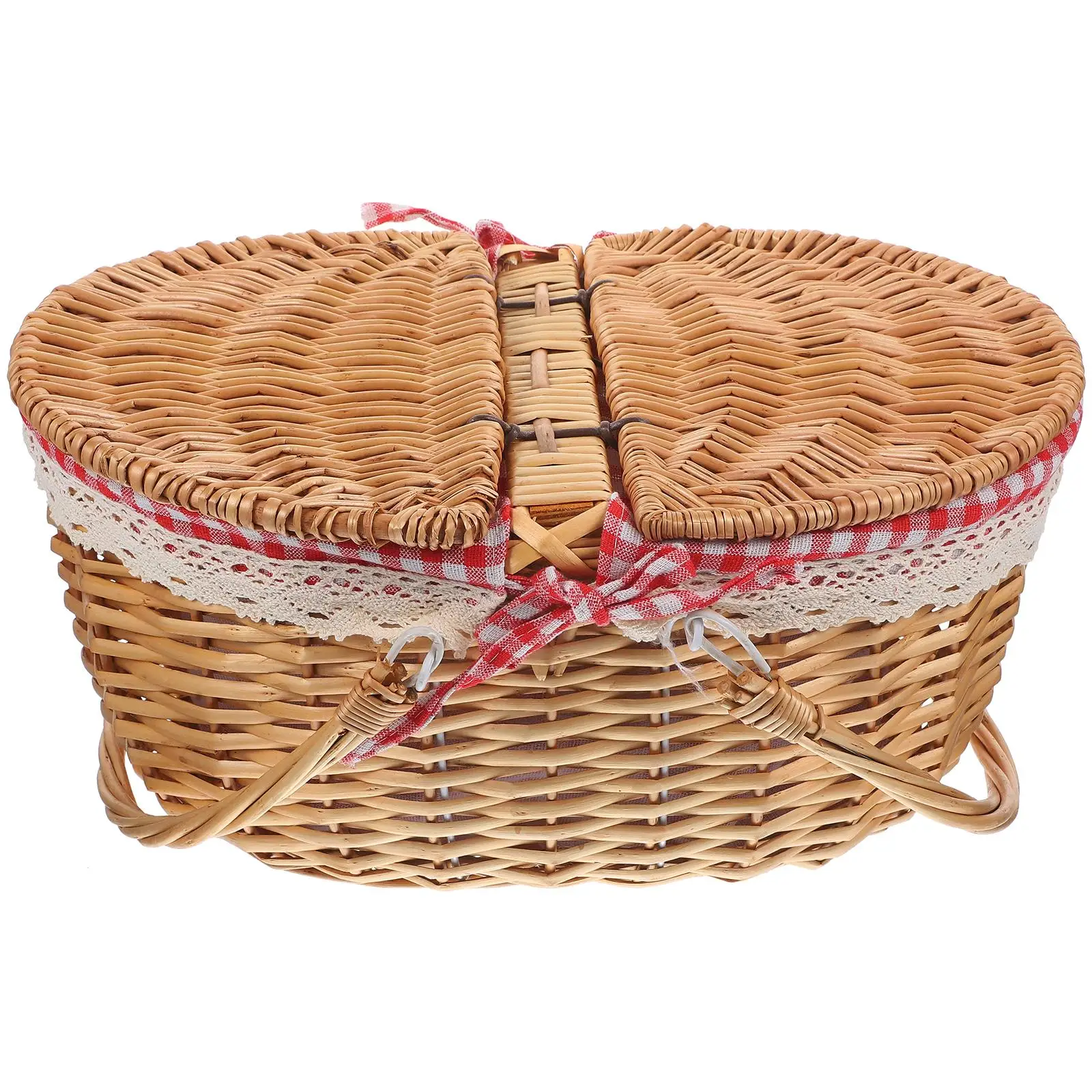 Wicker Picnic Red Grid Decorative Baskets For Home Decor Portable Storage Woven Basket Home Decor Gift Rustic Woven Handles 4