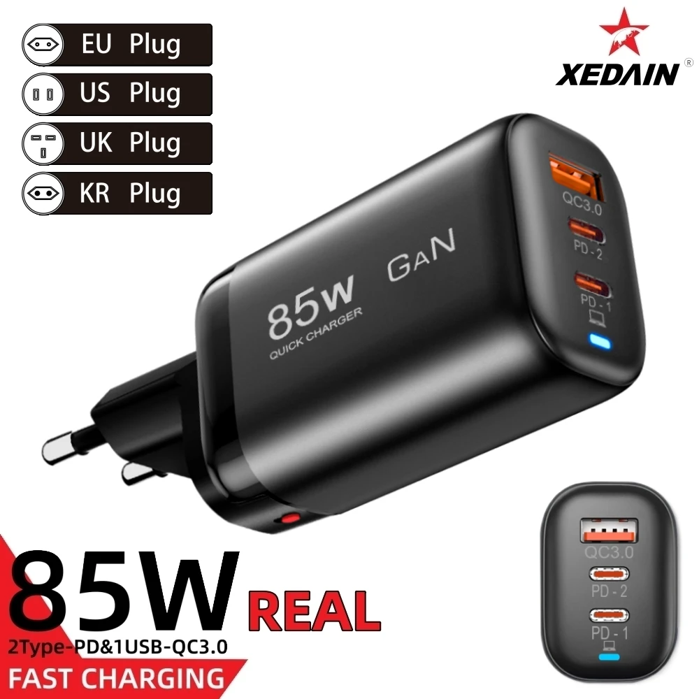 Real 85W GaN Quick Charger PD QC 3.0 USB Type-C Fast Charging Laptop Notebook Power Adapter for Iphone 15 14 Pro MacBook Samsung