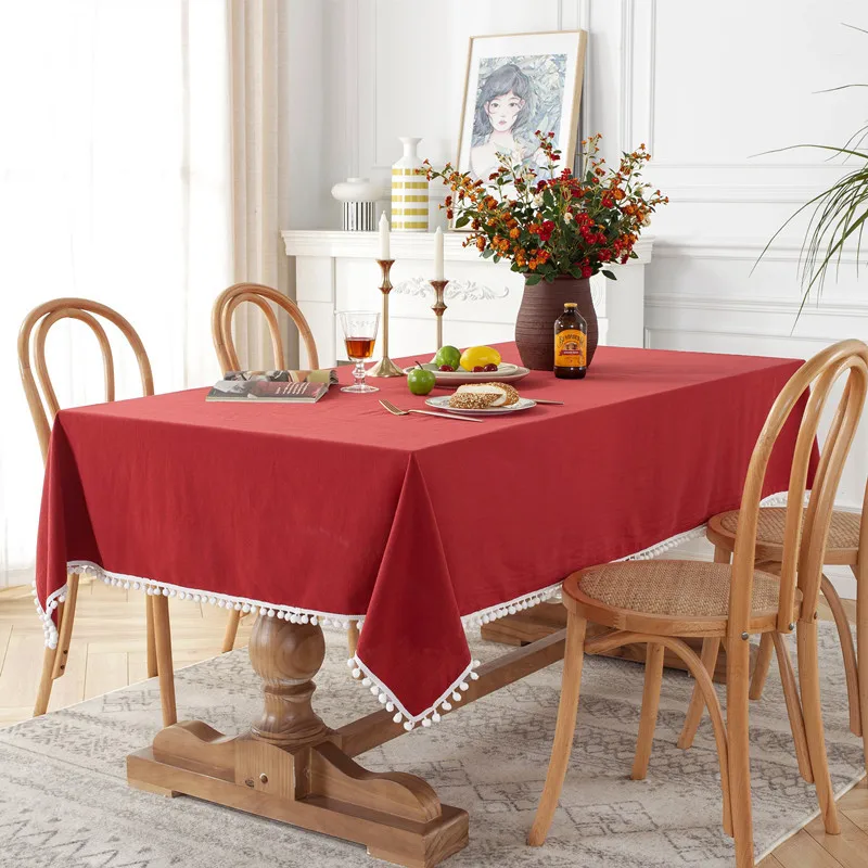 thumbnail image 1 of Manteles 100% de algodón con borlas, cubierta de mesa a prueba de polvo para cocina, comedor, decoración del hogar y boda, 1 of 5