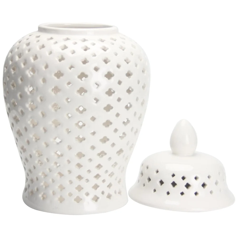 

Ginger Jar Traditional Ceramic Flower Vase Carved Lattice Decorative Temple Jar White Home Decor