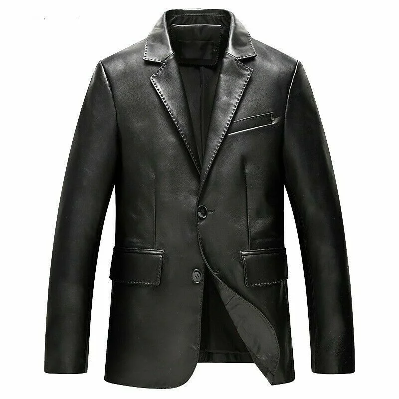 

Mens Classic Genuine Leather Black Blazer Coat Pure Lambskin Two Button Jacket