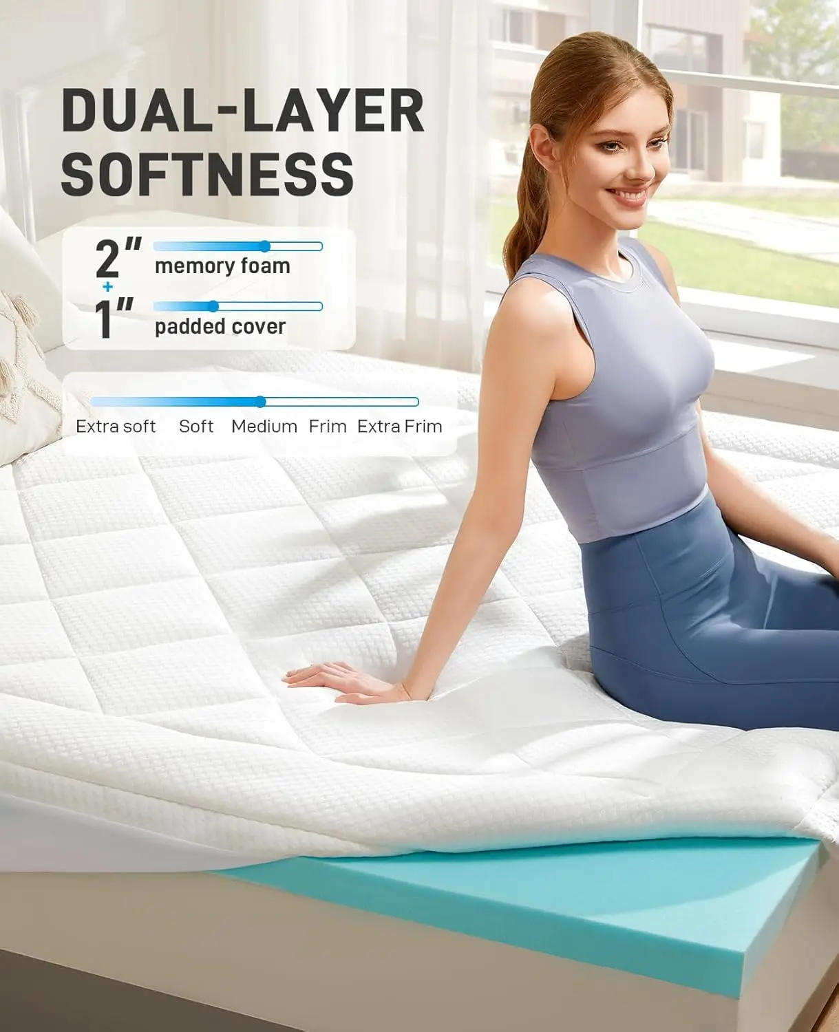Dual Layer 3 Inch Memory Foam Mattress Topper King Size, Ultra Soft Support, 2 Inch Cooling Gel Memory Foam Plus 1 Pillow