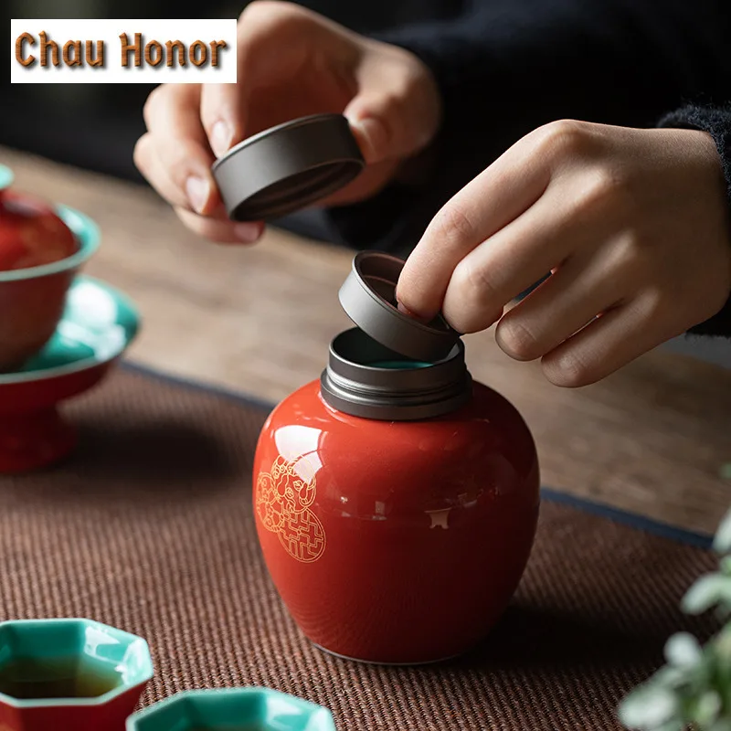 500ml BoutiquePalace Red Glaze Ceramic Tea Can Bronzing Hydrangea Art Tea Caddy Household Tea Leaf Mystery Box Puer Sealed Jar