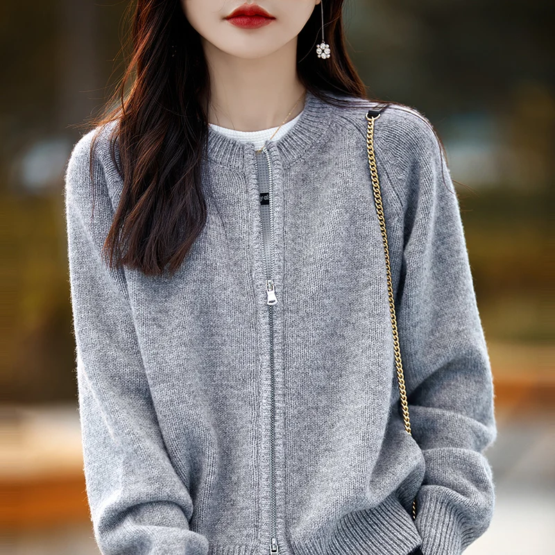 여성용 100% 울 캐시미어 스웨터, 라운드넥 카디건, 루즈한 한국 패션, 여성 상의 재킷, 2024 용수철 가을 신상