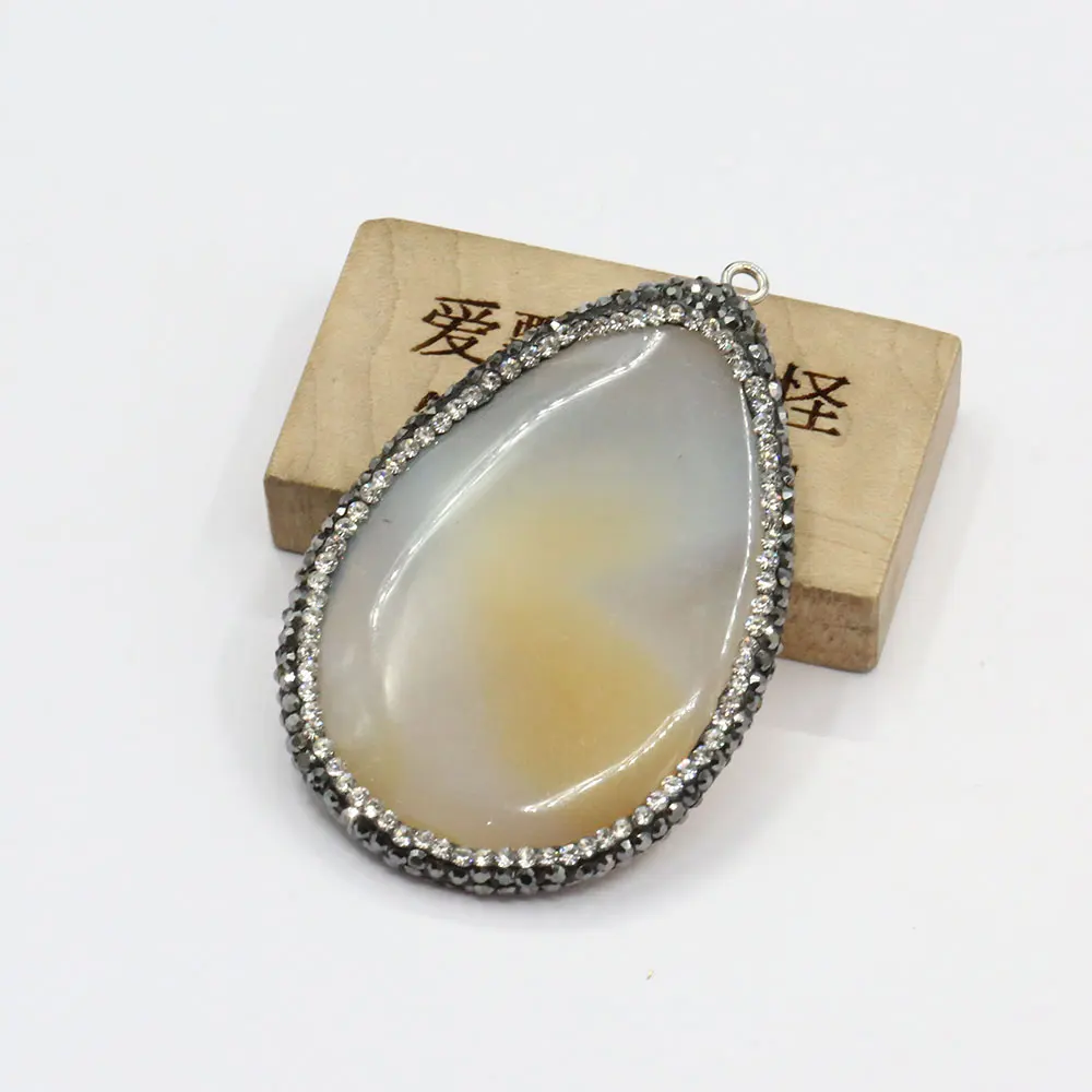 APDGG 1PC Natural Water drop Agate Black Rhinestone Pave Connector Necklace Pendant Jewelry Making DIY