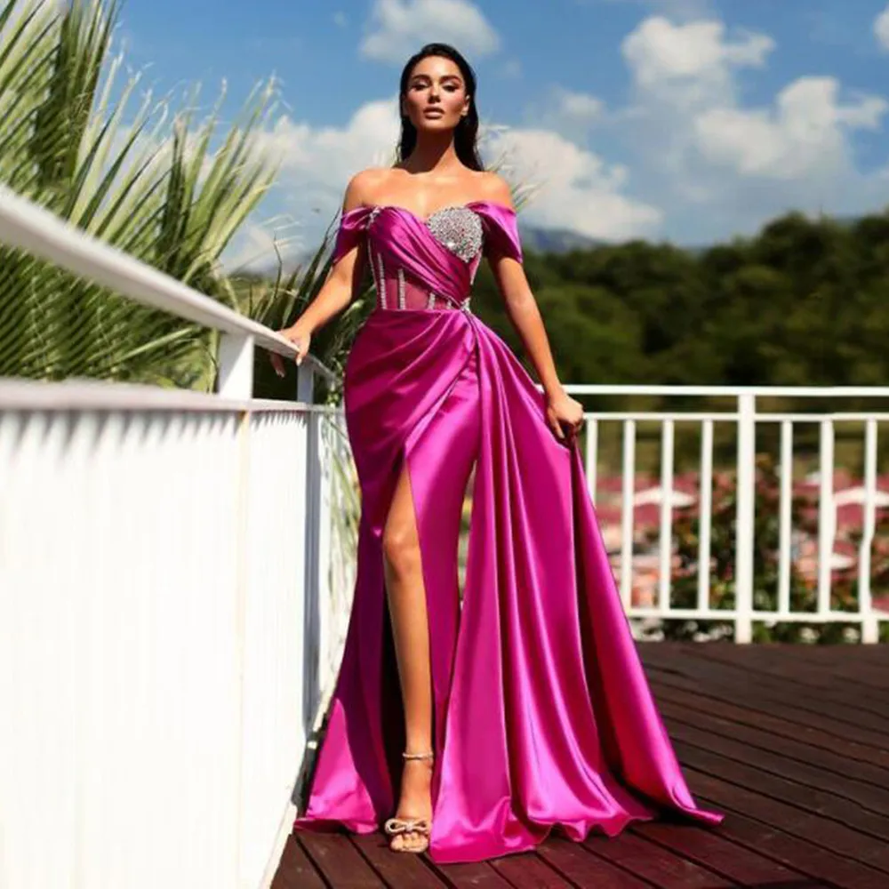 2022 Formal Evening Dresses Sexy Off Shoulder Soft Satin High Split Prom  Dress Long Backless Beadings Party Gowns Plus Size - купить по выгодной  цене | AliExpress