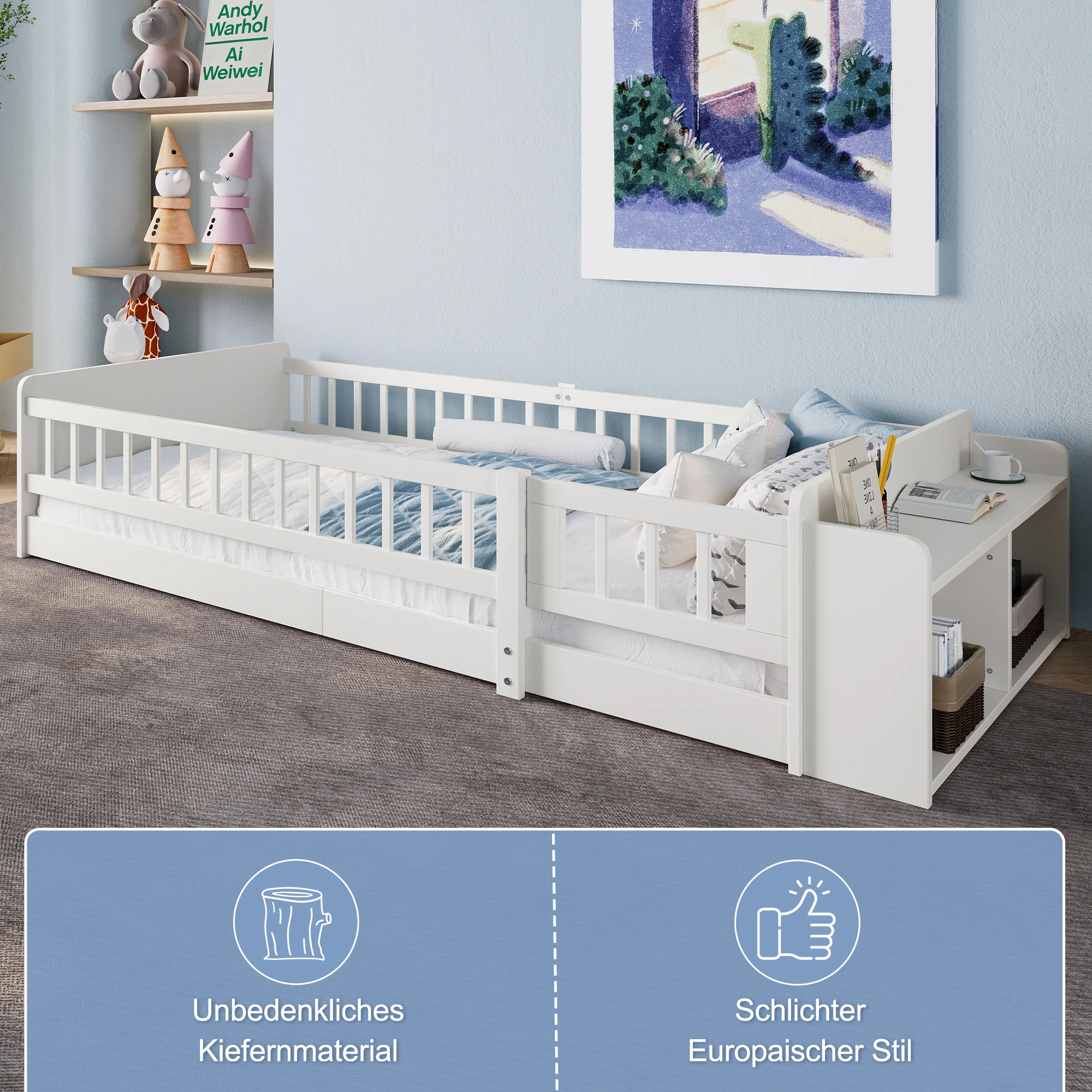 Holzbett, Kinderbett, Kiefernholz, offener Stauraum, Regale, Aufbewahrungsbox, ohne Matratze, weiß – Detail 7