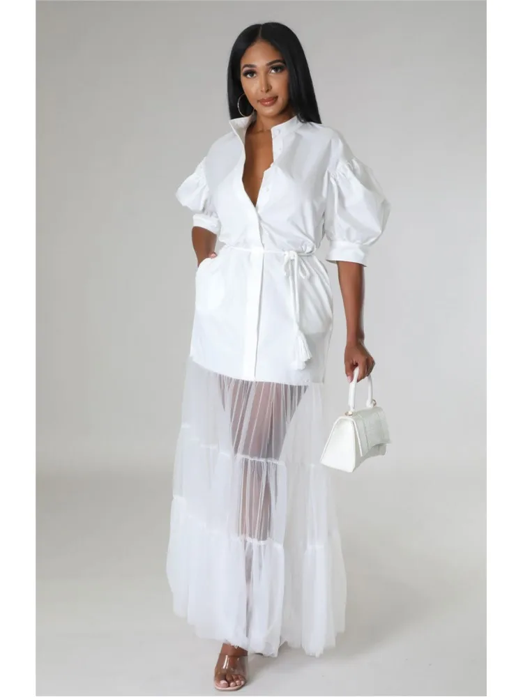 Robe Chemise Blanche & Tulle Longue Élégante pour Femme