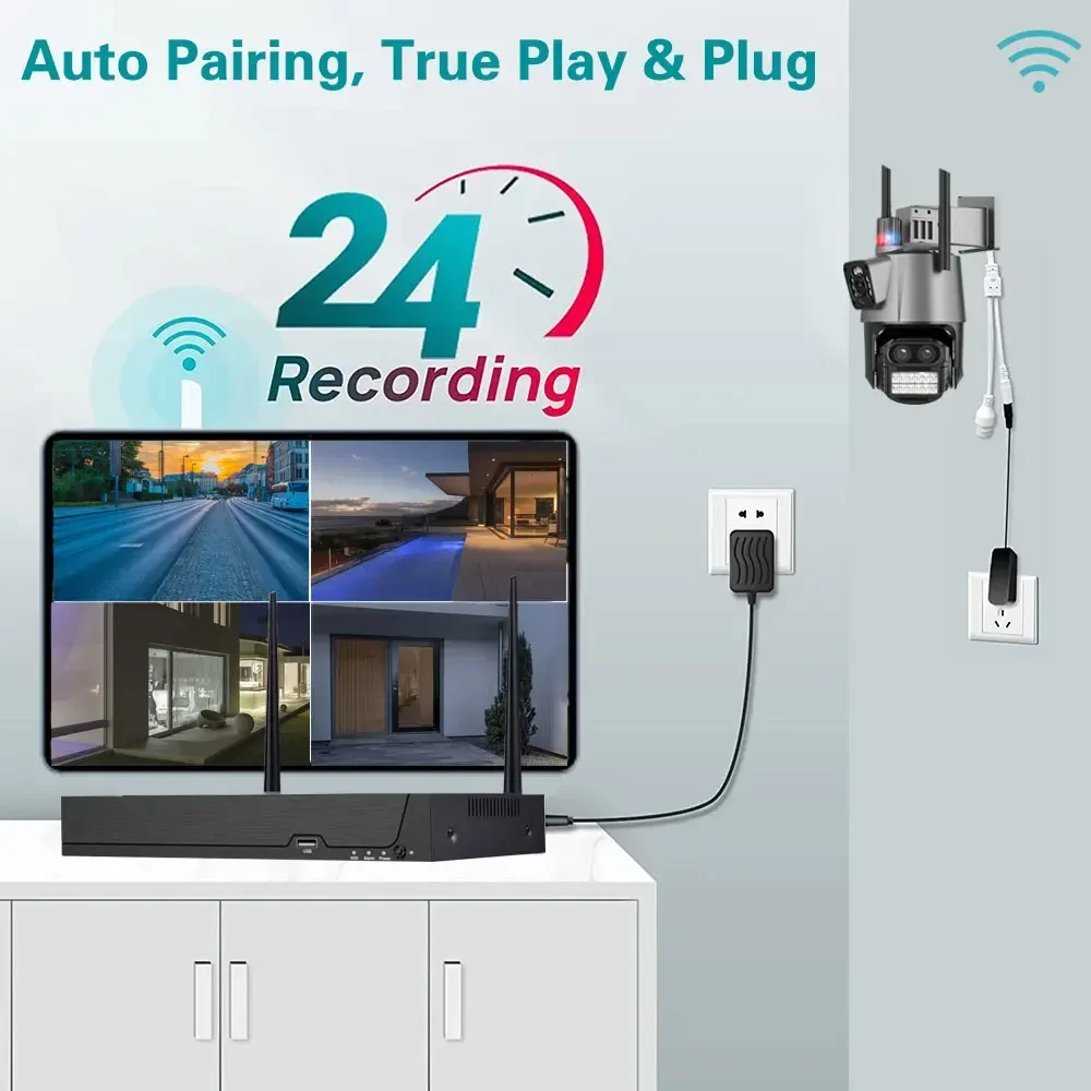 HD 무선 IP 카메라 세트, 8X 줌 듀얼 렌즈 보안 보호 PTZ 와이파이 카메라, 8CH 5MP NVR 비디오 감시 키트, ICSEE 4CH, 9MP