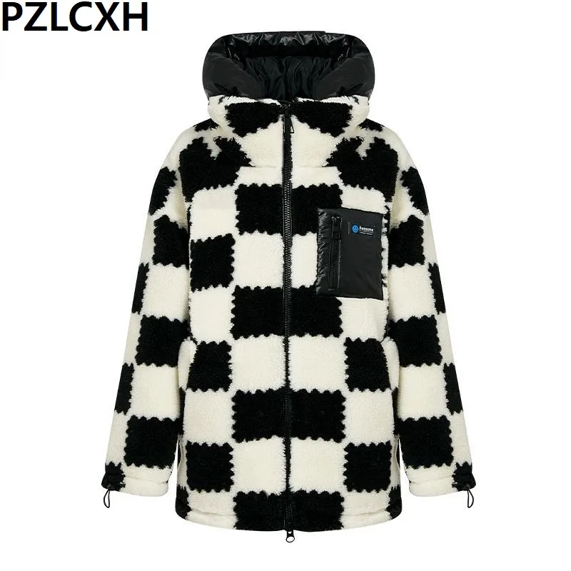 Women White Duck Down Jacket Winter Coat Female Checkerboard Temperament Warm Parkas Fashion Hooded Overcoat Thick Short Outwear 2020 women s down jacket lamb collar hooded fashion trim winter fashion warm overcoat slim belt outwear casual female parkas