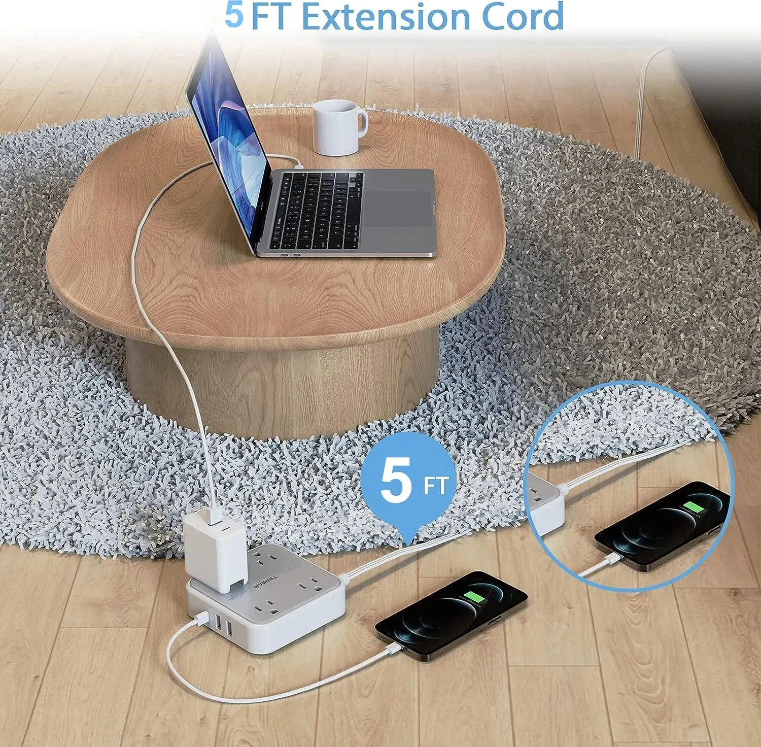 TESSAN ÷ ÷ Ƽ, AC ܼƮ 4 , USB Ʈ 2 , CŸ 1, 7  1  , 5ft ʹ ͽټ ڵ