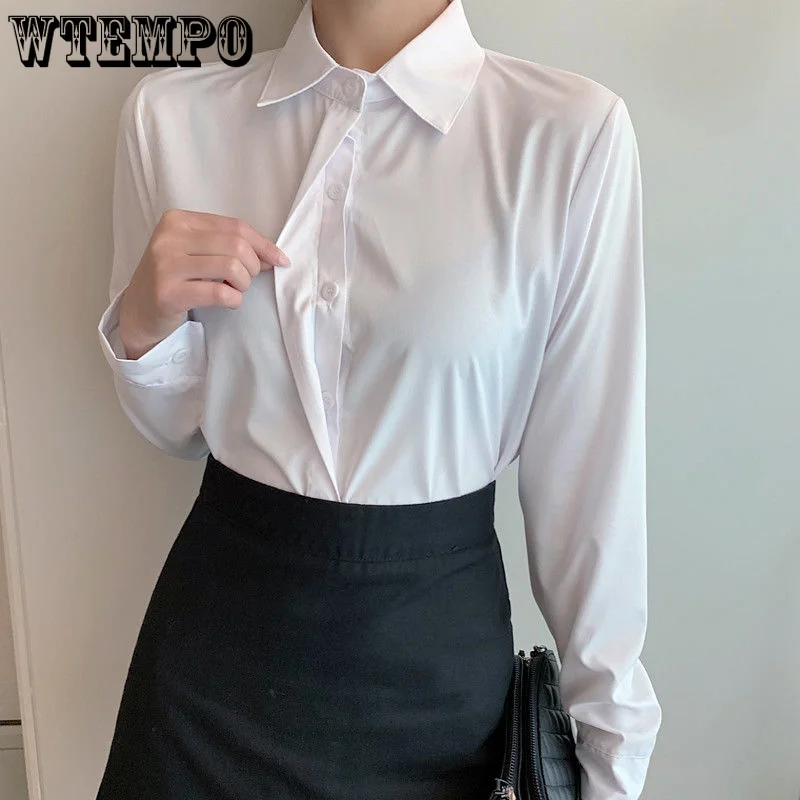 

Белая рубашка WTEMPO с длинным рукавом, Женская рабочая одежда, Новинка весна-осень 2023, однотонные деловые рубашки, универсальные удобные топы