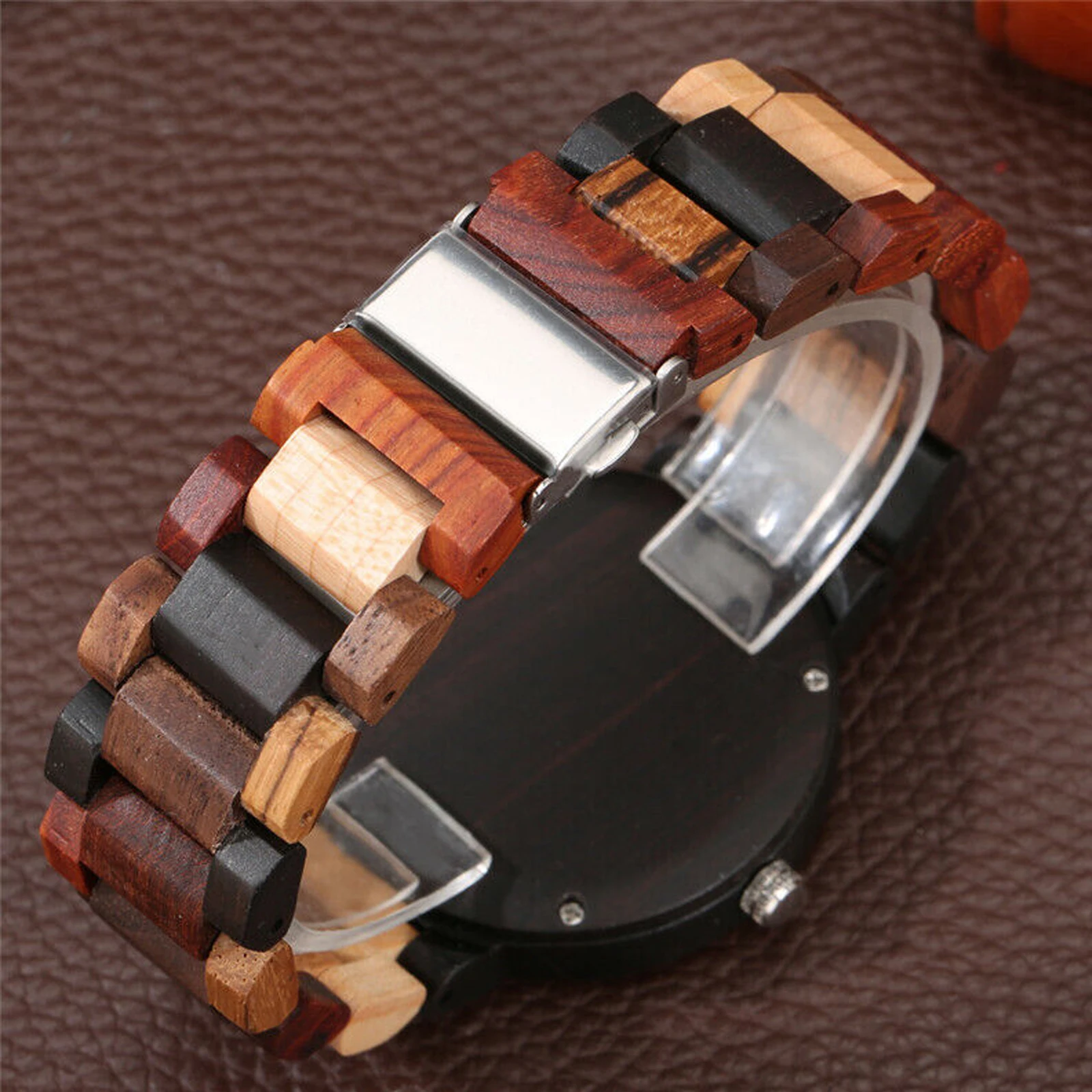 FANDAO mixed color all-wood men's watch irregular pattern round dial quartz wristwatches wooden bracelet watch folding clasp