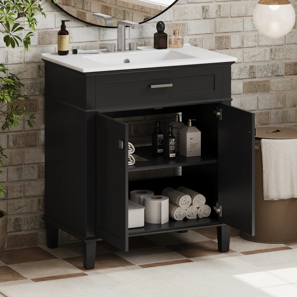 30-inch bathroom vanity with ceramic basin, soft close door and adjustable shelves