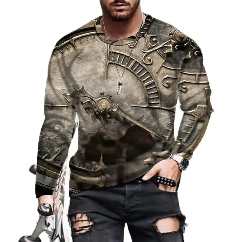 2023 Vintage Print T-Shirt 3D-Uhr Hemd Uhr Langarm lässig O-Ausschnitt 6xl Shirt übergroße Trend Tops T-Shirt Mann Kleidung