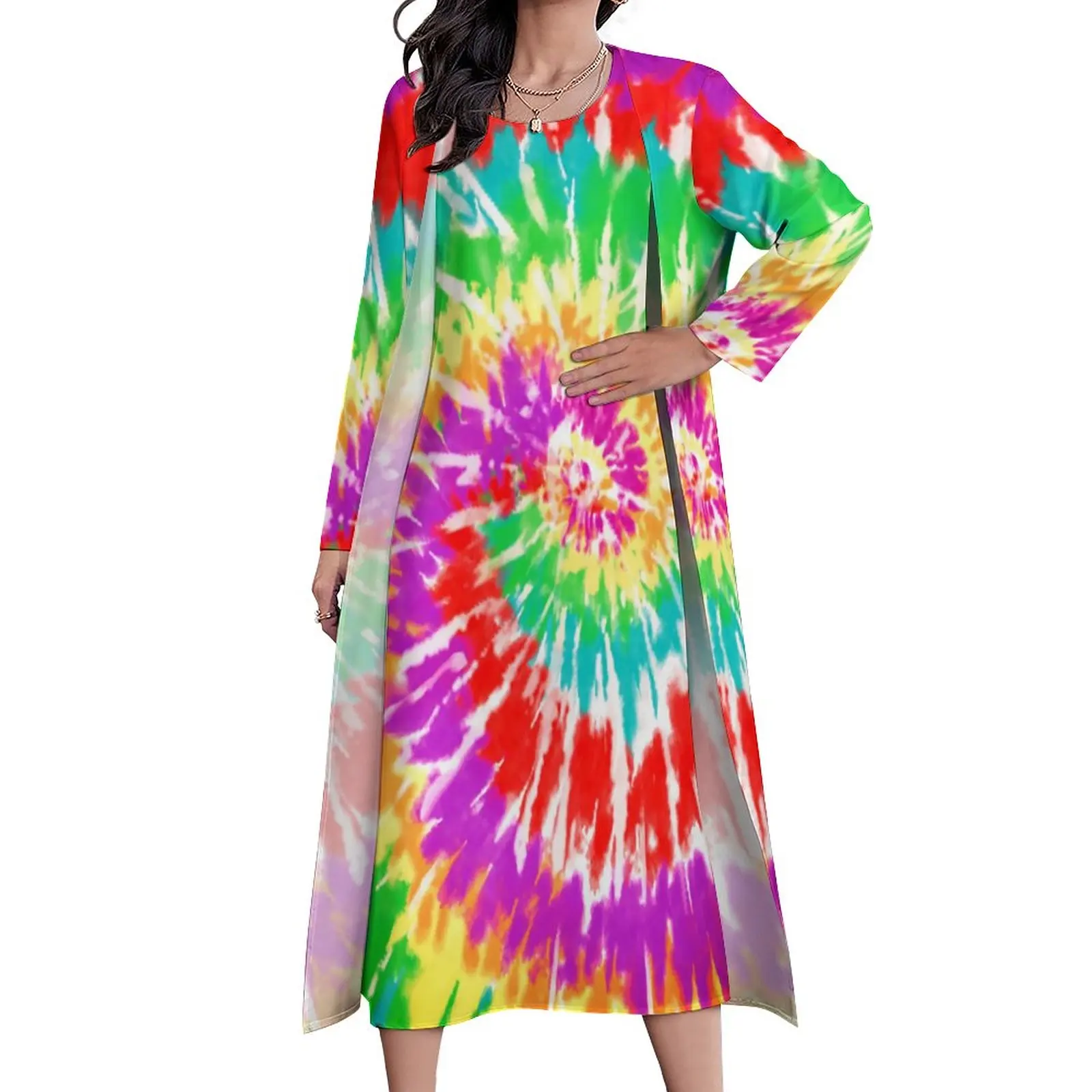 

Tie Dye Print Dress Spring Abstract Rainbow Street Style Bohemia Long Dresses Female Custom Elegant Maxi Dress 3XL 4XL 5XL