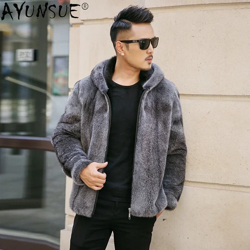 

AYUNSUE Top Quality Real Mink Fur Coat Hooded Winter Jackets for Men 2023 New Fashion Natural Mink Fur Jacket Gray Veste Homme