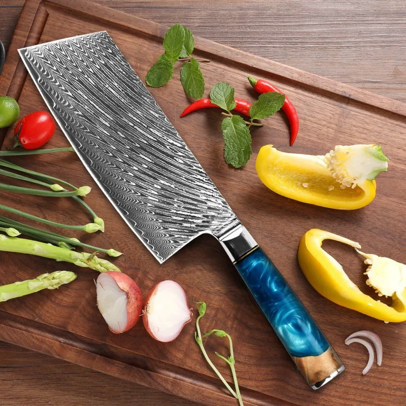 

7.5 Inch Nakiri Knives Japanese 67 Layer Damascus Steel Resin Color Wood Handle Chef Meat Slicer Cooking Tool Cutelos Chineses