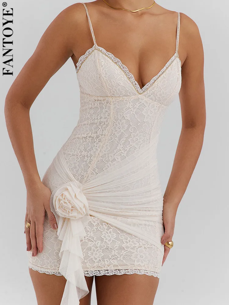 

Fantoye Flower Sexy See Through Lace Women Dress White Patchwork Spaghetti Strap Ruched Dress Skinny Elegant Party Clubwear 2024