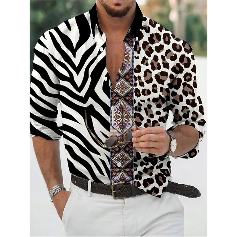 

Social Vintage Shirts For Men Oversized Casual Shirt Leopard Print Long Sleeve Tops Men's Clothing Streetwear Cardigan Blouses