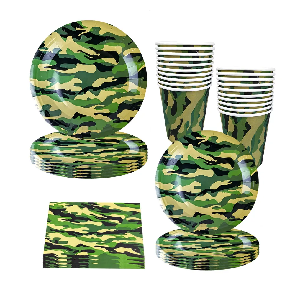 Militär Thema Einweg Geschirr Teller Tassen Servietten Geburtstag Party Camouflage Feld Spiel Baby Dusche Dekoration Lieferungen