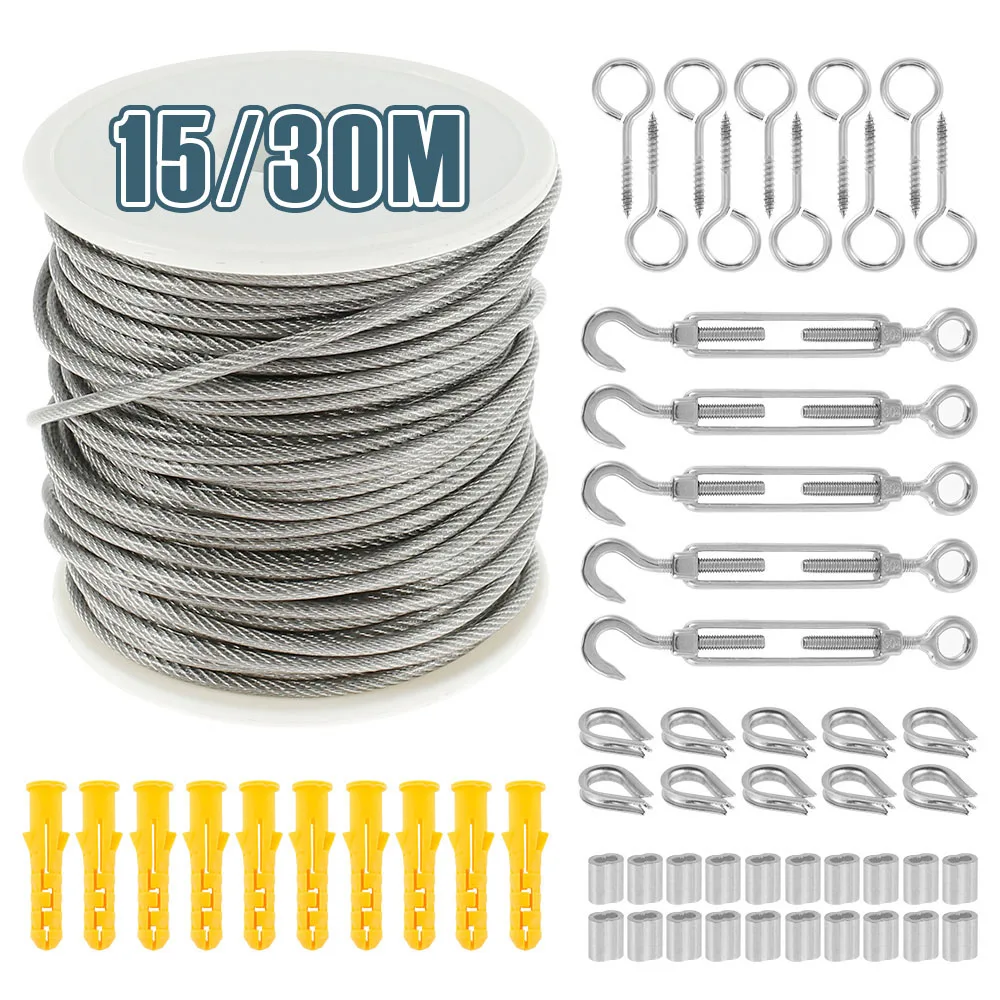 Stainless steel cable rope kits 15M/30M PVC coated rust-proof for garden wire fence tent roll