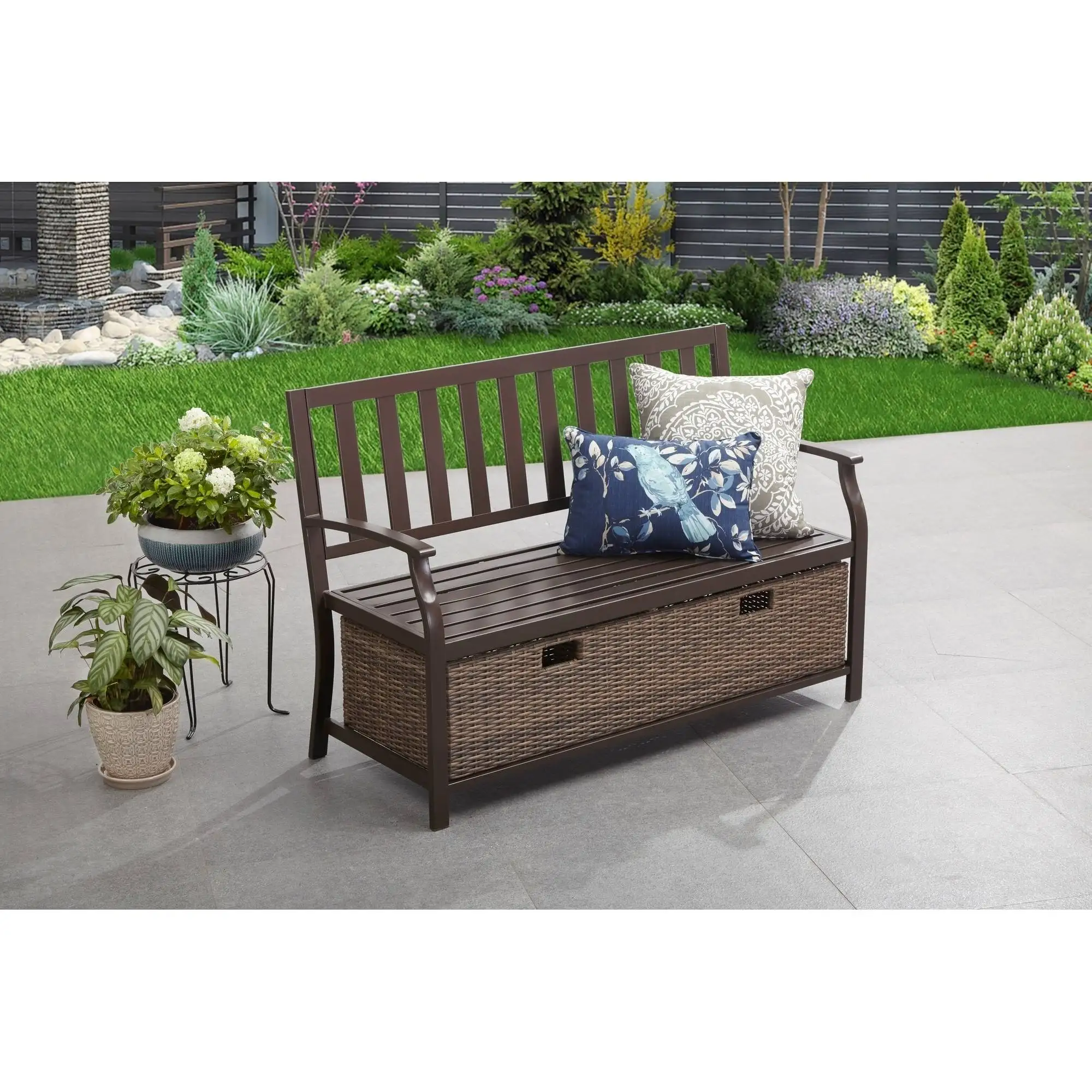 

Better Homes & Gardens Camrose Outdoor Storage Wicker Bench - Brown Balcony Furniture Outside Furniture