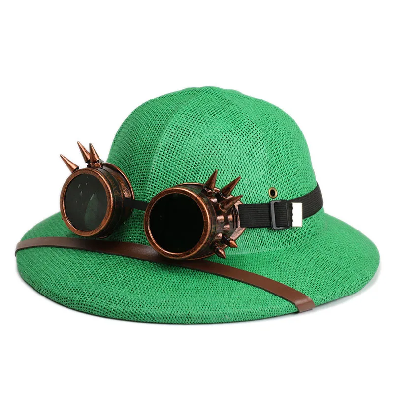 Nieuwigheid Stro Steampunk Helm Merg Zonnehoed Vrouwen Mannen Kids Vietnam Oorlog Leger Hoed Stoom Punk Bril Safari Jungle Mijnwerkers caps