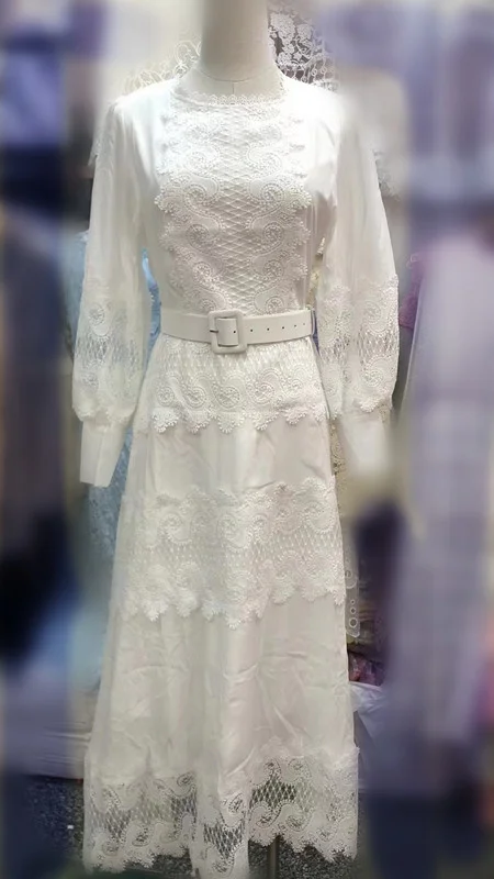 

Autumn Winter Outfits White Lace Dress Women Long Sleeve Hollow Out Embroidery Midi Dresses Runway