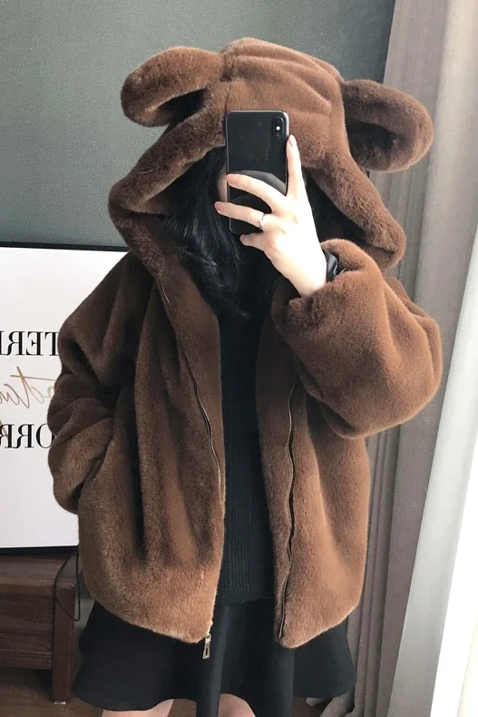 2023 Winter New Cute Fashion Hooded Big Ears Lamb Wool Mid-Length Coat Female Loose Warm Sweet Student Elegant Faux Fur Jacket