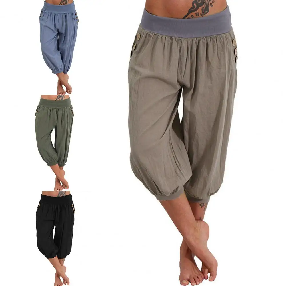

Simple Harem Pants Elastic Waist Ladies Lantern Shape Pants Casual Women Solid Color Bloomers for Outdoor