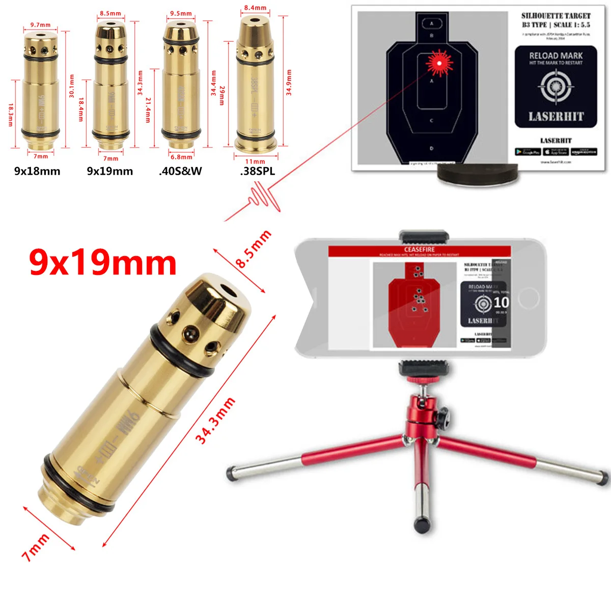 9mm Dry Fire Laser Training Practice 7.62x39mm 9x19mm/380ACP/223Rem Laser Bore Sight With Snap Cap AK47 Laser Trainer Cartridge