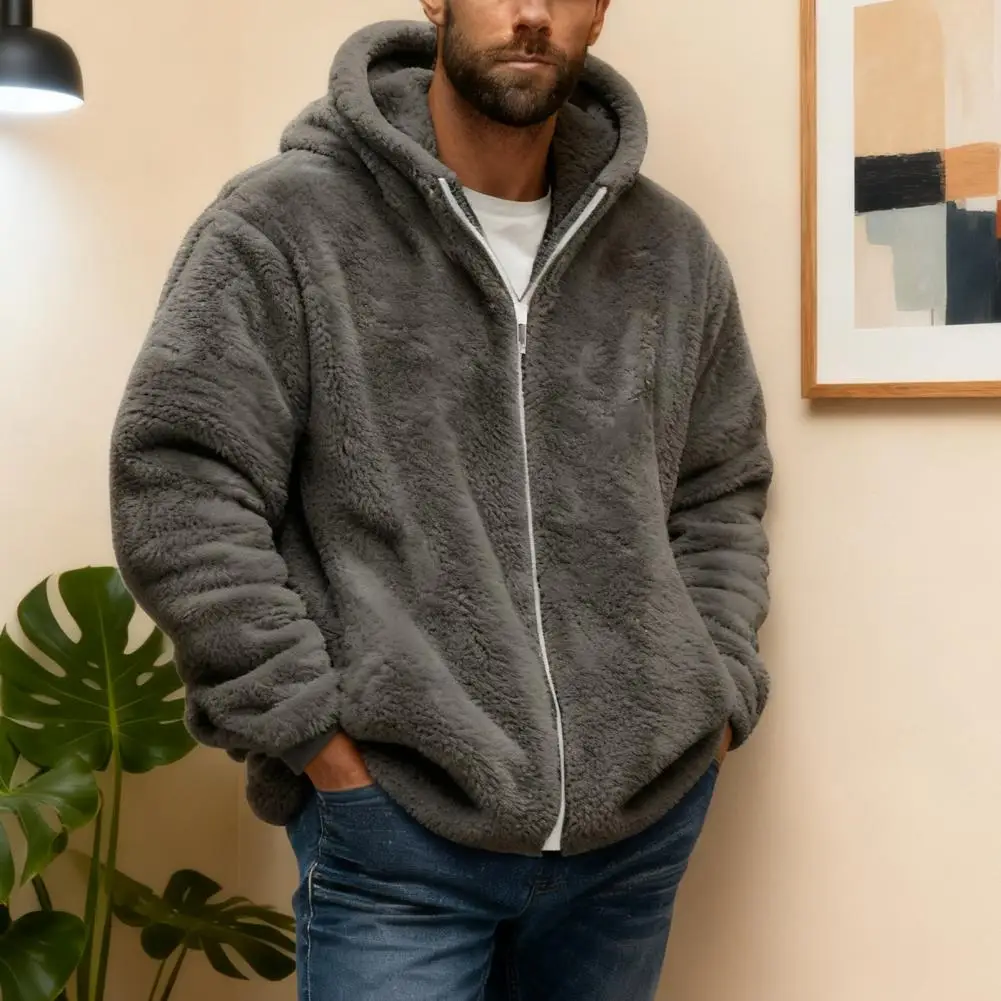Men Fleece Hooded Jacket Winter Warm Zip Up Sweatshirt Soft Breathable Coat Casual Outerwear Outdoor Sports Daily Use