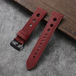 Premium Crazy Horse Leather Watchband - Genuine Cowhide, Breathable Racing Strap - 22mm (Red)