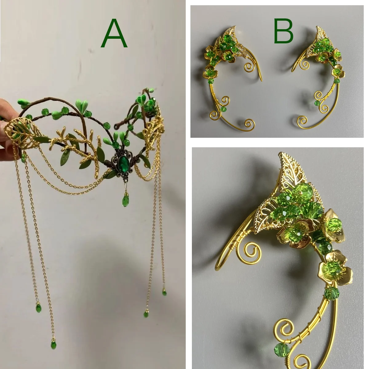 

Elf ear cuffs Green Rattan Bridal Fairy Crown Woodland Wedding Tiara Elven Flower Circlet Fairy Diadem Flower Greenery Headband