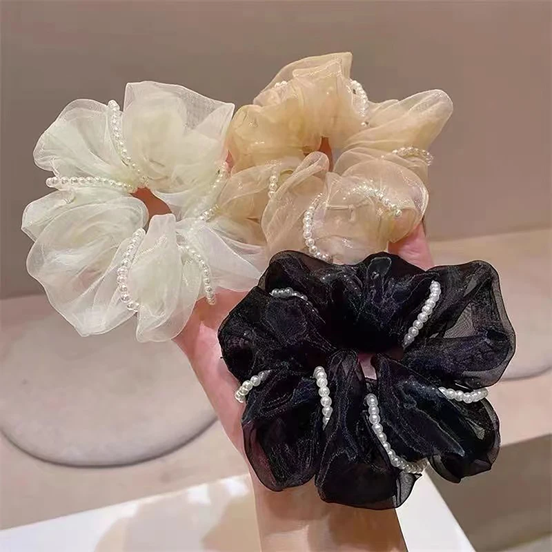 

Elastic Pearl Hair Ties Women Girls Solid Color Big Size Summer Headress Elegant Organza Mesh Hair Scrunchies