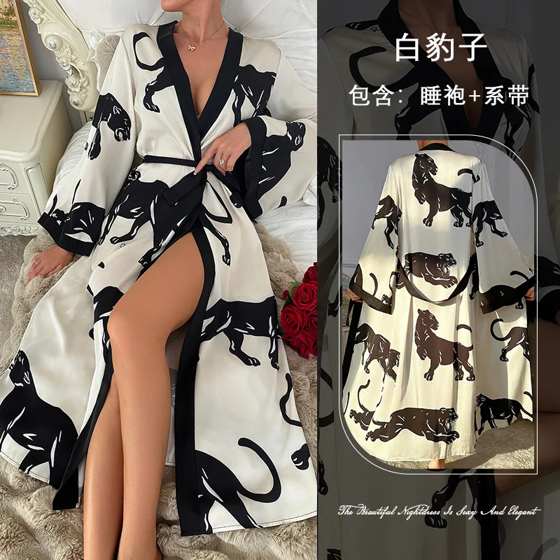 Wedding Party Dress Fashion Printed Robe Women's Clothing Loose Silk Satin Sleepwear Night Gowns Long Sleeve Ladies Bathrobe - 2