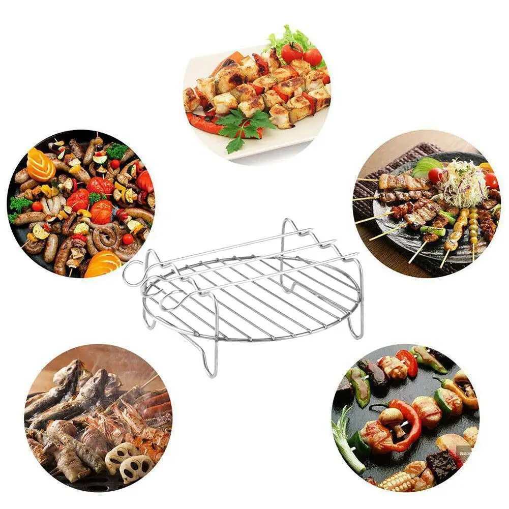 Round Steel Air Fryer Rack Versatile Double Layer Rack With Skewers Airfryer Accessories Baking Tray Air Fryer Holder