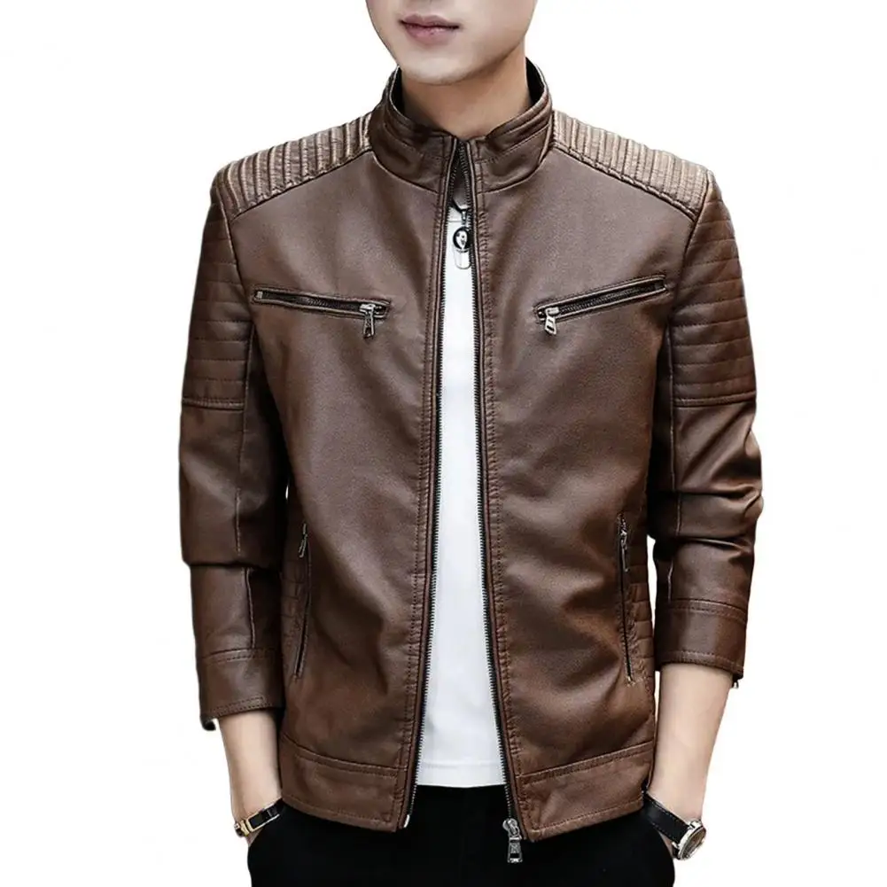 

Autumn Men Jacket Fleece Lining Faux Leather Jacket Long Sleeve Pleated Shoulder Cardigan Top Outwear