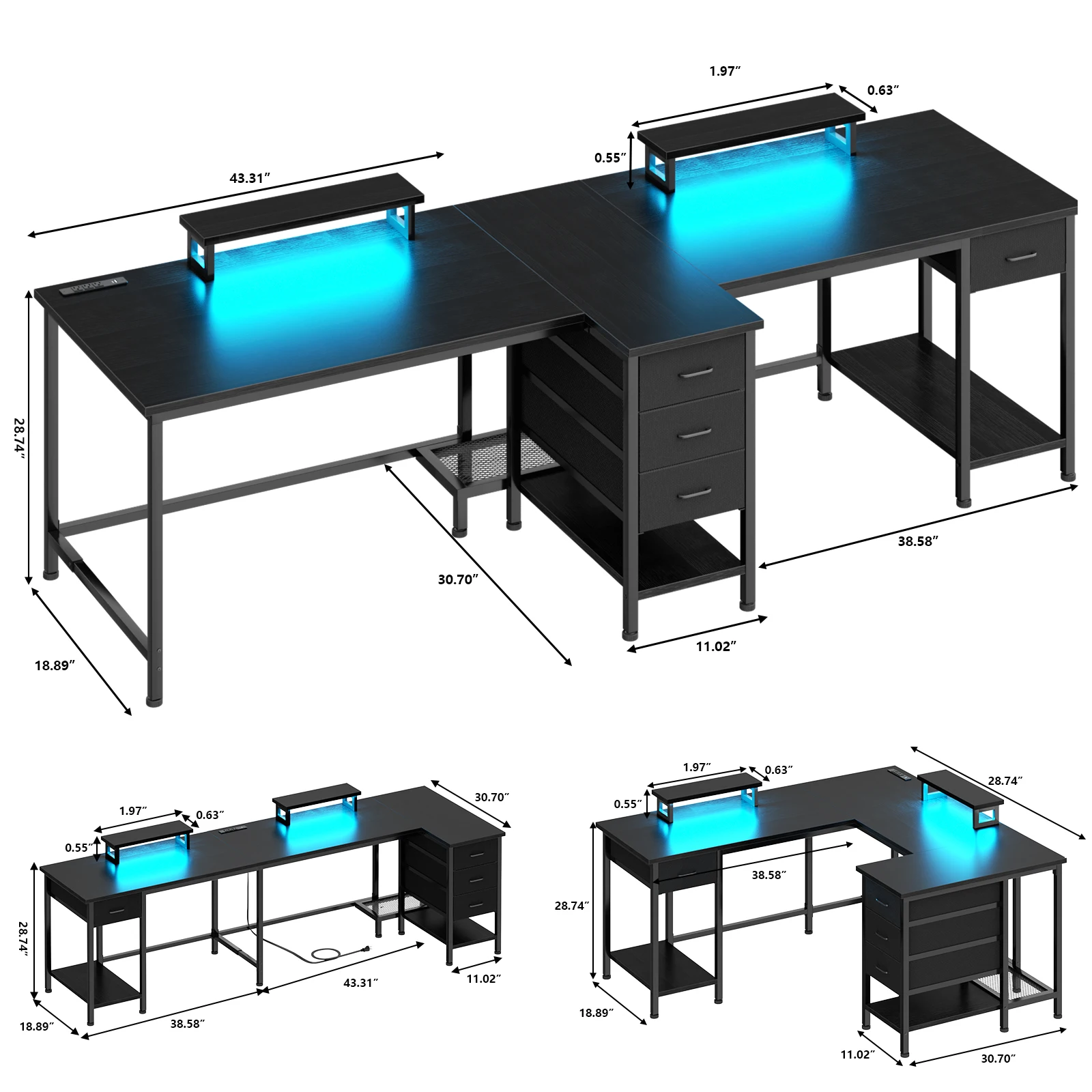 Satifur 93 inch 2-person Office Desk with Power Sockets and LED Lights,61in Computer Desk,Home Work Desk,Monitor Stands, Drawers 3