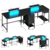 Satifur 93 inch 2-person Office Desk with Power Sockets and LED Lights,61in Computer Desk,Home Work Desk,Monitor Stands, Drawers 3