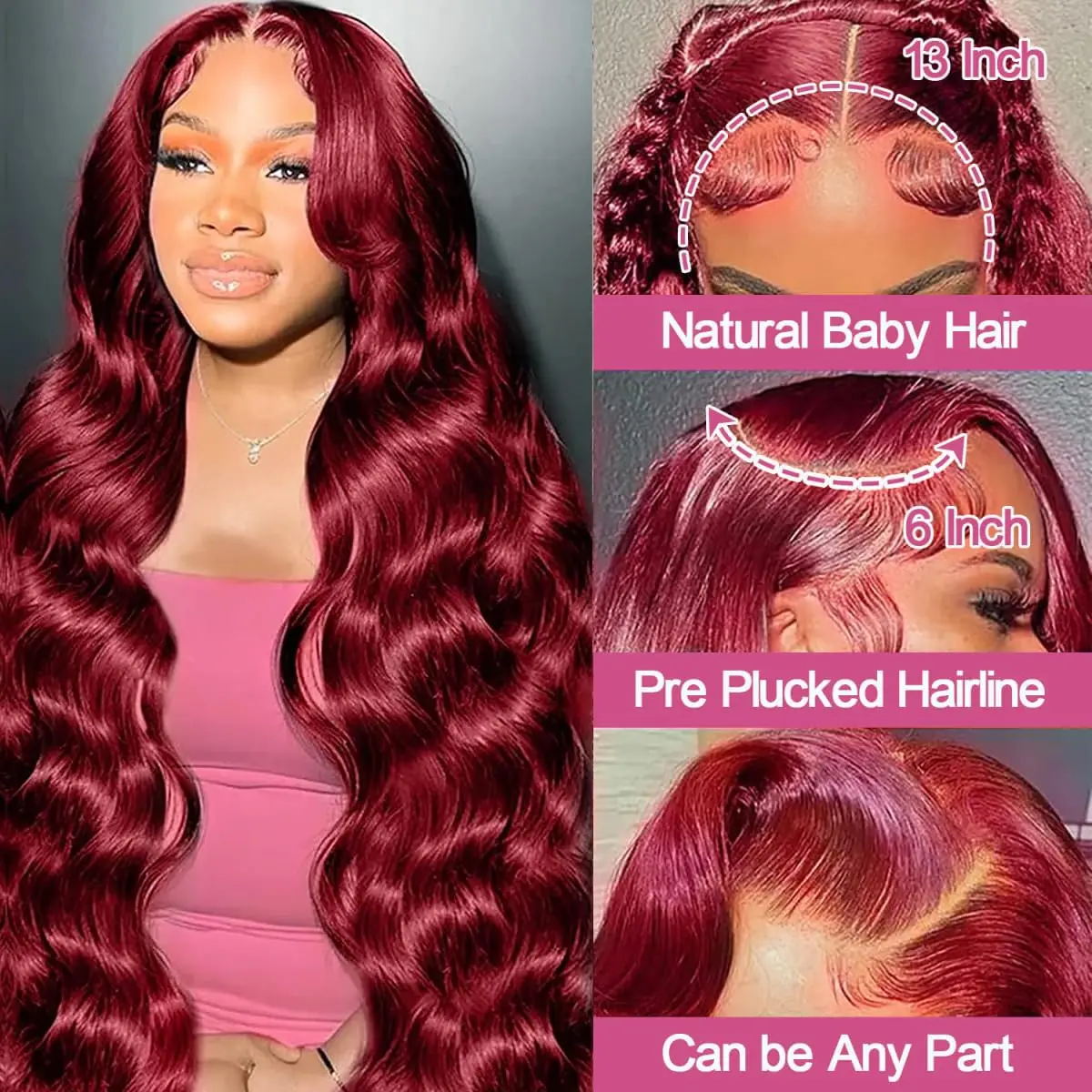 200% Density 99j Burgundy Body Wave Human Blended Hair 13X4 Lace Frontal Wigs for Women Pre Plucked Daily Party Wigs 28 Inch